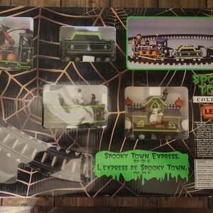 Used. Lemax Spooky Town Express Train Set - Black, Green, Orange